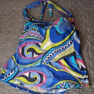 Tara Grinna Vibrant Blue Patterned Women's Halter Tankini Swim Top size 34